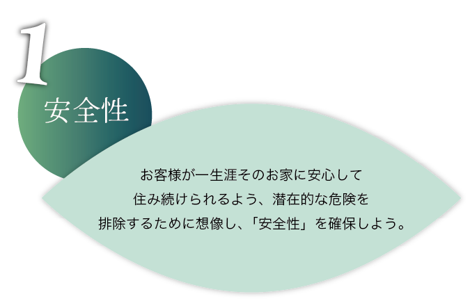 安全性：お客様が一生涯そのお家に安心して住み続けられるよう、潜在的な危険を排除するために想像し、「安全性」を確保しよう